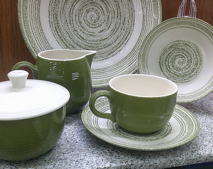 2407 Max Schonfeld El Verde Ironstone Green Spiral Vintage Dinnerware Made in USA - Good Condition