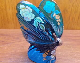 2501 Fenton Glass 4.5" Blue Butterfly w/ Hand-Painted Flowers and Gold Trim - Fenton Sticker Signed K. Ludondus - Great Condition