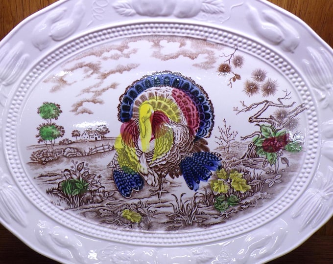 2502 Vintage 1950's Ironstone Transfer Ware Traditional Thanksgiving 18" x 14" Oval Turkey Platter - Great Condition Absolutely Beautiful