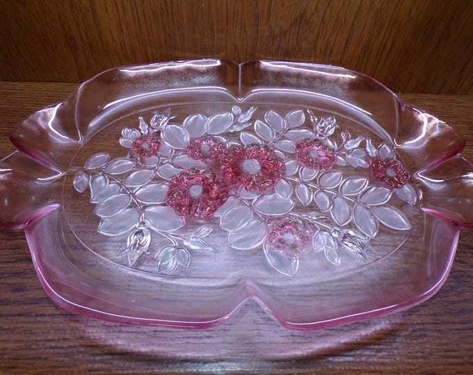 2506 Mikasa Walther Rosella Vintage Ruffle Edge 15.75" x 11" Oval Platter Pink Roses Textured Glass - Good Cond. Couple Light Scratches