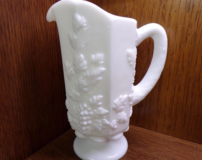 2506 Westmoreland Milk Glass 8.25" Panel Glass 4" Wide Vintage Harvest Grape & Cable Pitcher - Great Condition