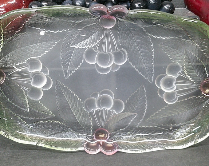 2402 Mikasa Bountiful Cherries Satin Frosted Heavy Glass 12" x 7.5" Serving Relish Dish - Great Condition