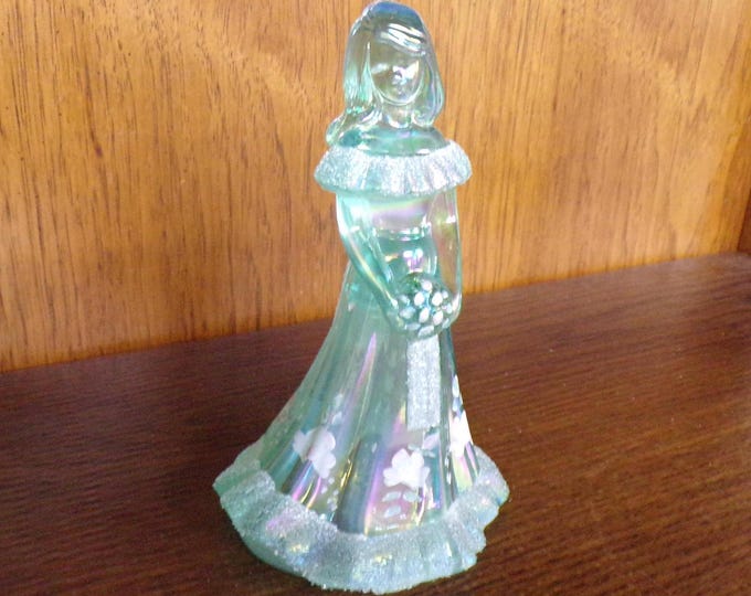 2501 Fenton Glass 7.25" Bridesmaid Hand-Painted Flowers on Mint Green- Fenton Stamp Signed D. Cutshaw & Shelley Fenton - Great Condition