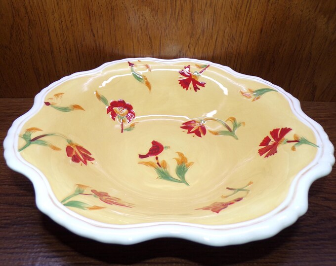 2506 Fitz and Floyd Bellacara Hand-crafted 12" Large Serving Bowl Yellow w/ Red Floral & Cardinal - Great Condition