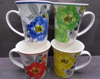 2605 Beautiful Floral 10 oz 4" Porcelain Mugs Set of 4