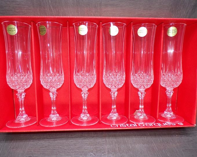 2602 Vintage Cristal D'Arques Paris 6 pc Set 24% Lead Crystal LongChamp 8" Tall 4.25 oz Stemmed Champagne Flute - Excellent in Original Box