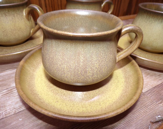 2511 Denby Romany Brown Vintage 8 pc Set (4) 6 oz Cups & (4) Saucers Made in England - Great Condition