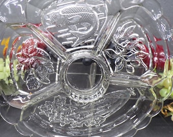 2306 Indiana Glass Intaglio Ornate Embossed Fish, Fruit, Nut, Vegi 5 Part Divided Dish Relish Tray 1950's Vintage