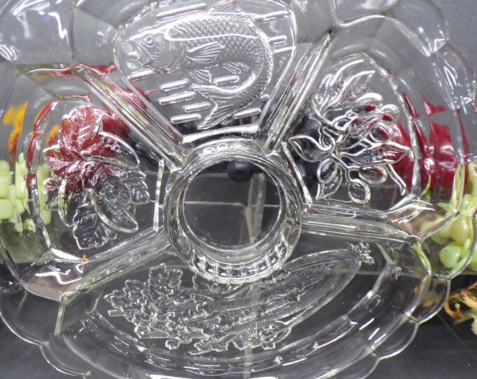 2306 Indiana Glass Intaglio Ornate Embossed Fish, Fruit, Nut, Vegi 5 Part Divided Dish Relish Tray 1950's Vintage- Good Condition No Chips