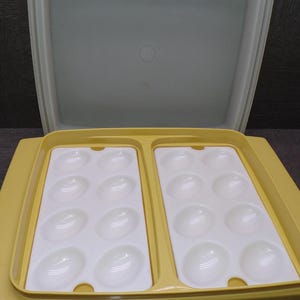 Peut inclure: Un récipient de rangement pour œufs en plastique jaune avec un couvercle assorti. La base comporte deux inserts blancs amovibles, chacun contenant huit empreintes ovales conçues pour contenir seize œufs au total. Le récipient a des poignées latérales.