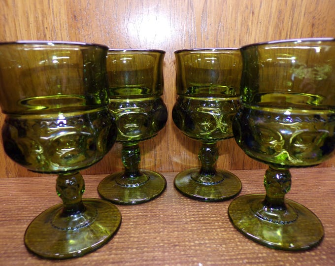 2507 Indiana Glass Kings Crown Thumbprint Avocado Green 5.75" Footed Glasses Set of 4 Goblets - Pre-owned Great Condition