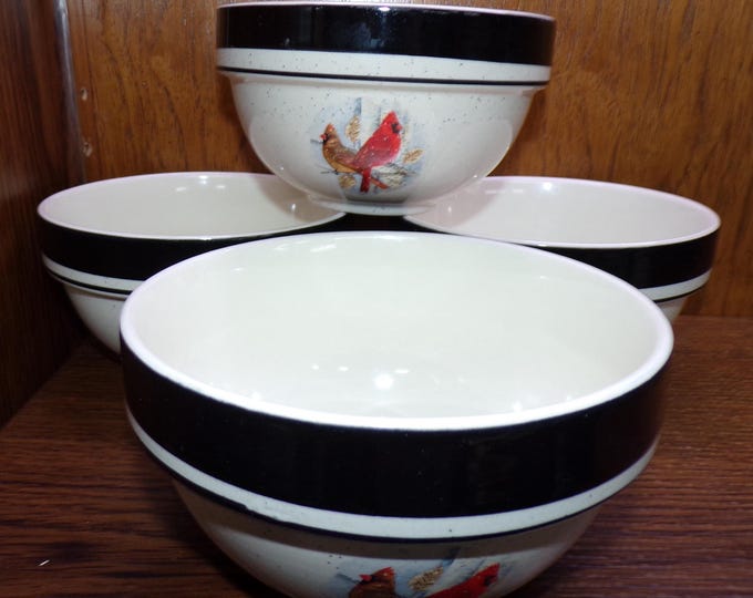 2505 Folk Craft Cardinal Vintage Stoneware by Scotty Z 6.25" Wide x 3.5" Deep Soup Bowl Set of 4- Good Condition One has Faint Crack inside