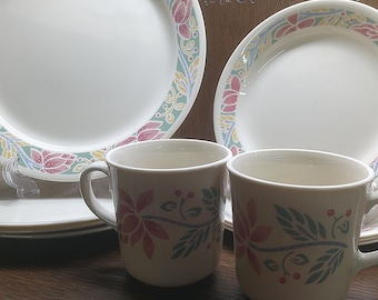 2412 Corelle Barbados Dinnerware - (4) 10.25" Dinner Plates, (4) 7.25" Plates & (4) 8 oz Cups Pastel Floral on Beige