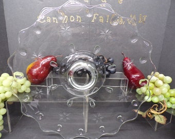2311 Teardrop Pattern 14" Vintage Footed Clear Glass Platter w/ Etched Stars & Scalloped Edge
