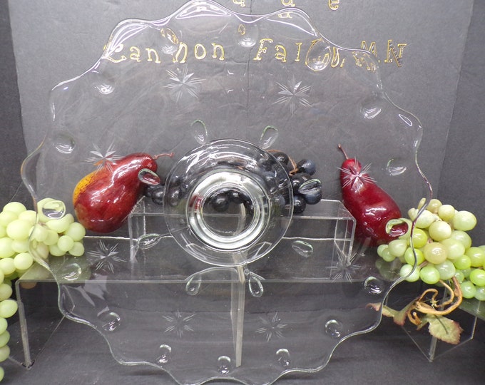 2311 Teardrop Pattern 14" Vintage Footed Clear Glass Platter w/ Etched Stars & Scalloped Edge - Good Condition No Chips or Cracks