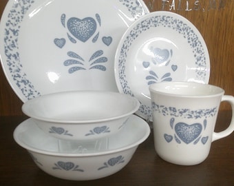 2412 Corelle Blue Hearts Sponge Vintage Discontinued Dinnerware - Great Condition Choose From List: