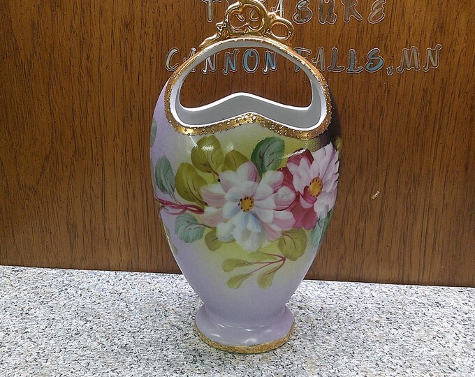 2407 Limoges Basket Style Vintage Vase w/ Handle on Top- Beautiful Floral Pattern 10" tall Trimmed in Gold - Good Condition