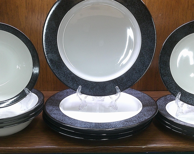 2410 Newcor Granite Black Stoneware #6065 Made in Japan Vintage 1990 Dinnerware 12 pc Set- 4 ea 10.5" Plate, 7.5" Plate, 7" Bowl- Great Cond