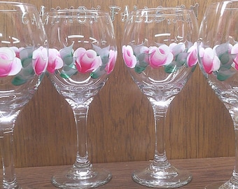 2411 Libbey Glass 7.75" 12 oz Stemmed Water / Wine Glasses with Pink Roses Set of 4 - Great Condition