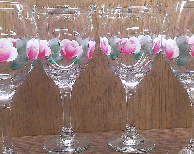 2411 Libbey Glass 7.75" 12 oz Stemmed Water / Wine Glasses with Pink Roses Set of 4 - Great Condition