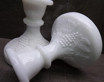 2608 Smith Glass Vintage Milk Glass Grape Harvest Taper Candle Holders Set of 2