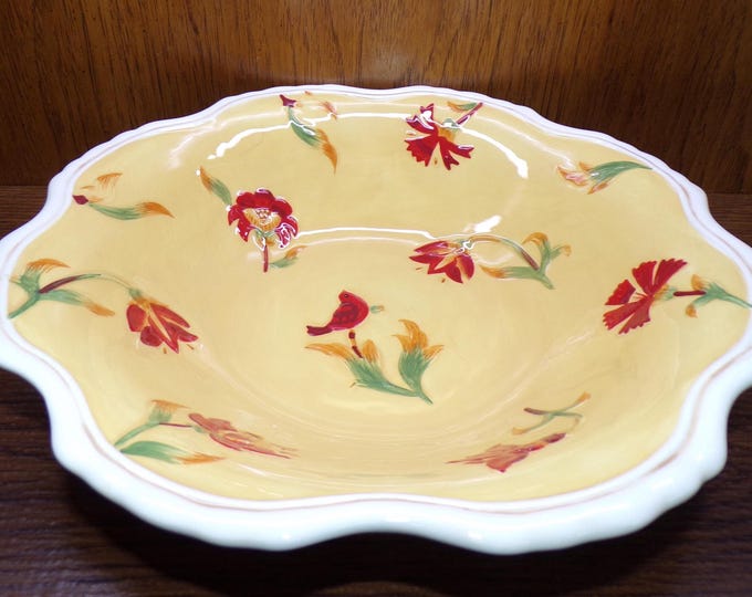 2506 Fitz and Floyd Bellacara Hand-crafted 12" Large Serving Bowl Yellow w/ Red Floral & Cardinal - Great Condition