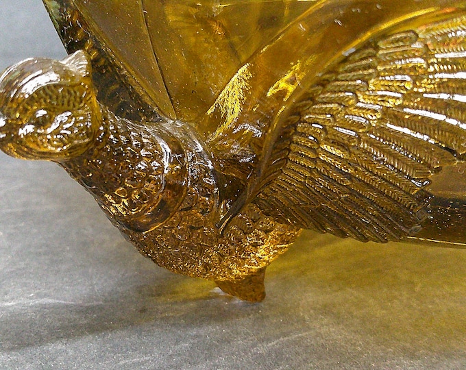 2312 Amber Glass 3-Footed Pheasant Bowl Mid-Century 8" - Good Condition Some Small spots of Amber has Peeled