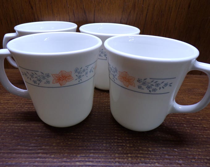 2507 Corelle Apricot Grove Vintage 8 oz Cups Set of 4 White with Gray Trim & Peach Roses - Pre-owned Great Condition