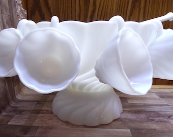 2510 Hazel Atlas Colonial Swirl 11 pc Milk Glass Alpine White Punch Bowl Set - 11" x 5.5" Bowl, Base, 8 Hook Cups & Ladle - Great Condition