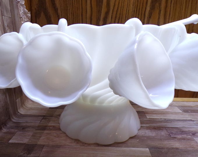 2510 Hazel Atlas Colonial Swirl 11 pc Milk Glass Alpine White Punch Bowl Set - 11" x 5.5" Bowl, Base, 8 Hook Cups & Ladle - Great Condition