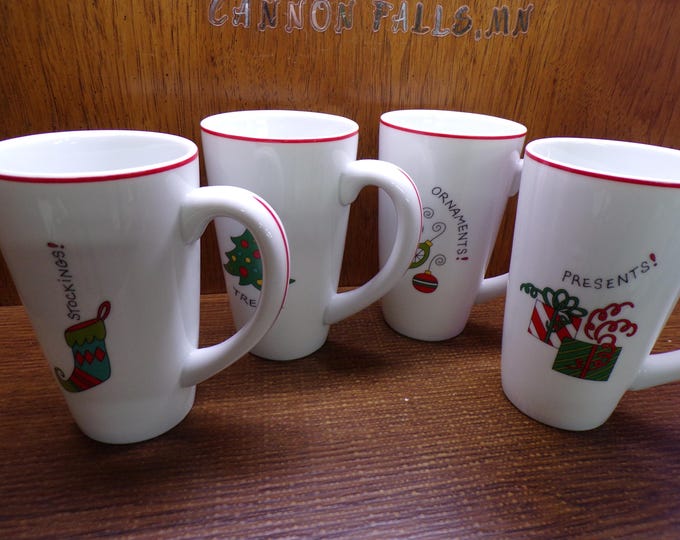 2508 Fitz and Floyd Gourmet Happy Holidays 6" Christmas Latte Mugs Set of 4 Red Rim - Great Condition