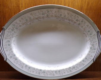 2507 Noritake Meredith #5918 Vintage China 16" x 12" Oval Serving Platter Green & Silver Floral Platinum Rim - Pre-owned Great Condition