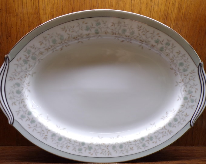 2507 Noritake Meredith #5918 Vintage China 16" x 12" Oval Serving Platter Green & Silver Floral Platinum Rim - Pre-owned Great Condition