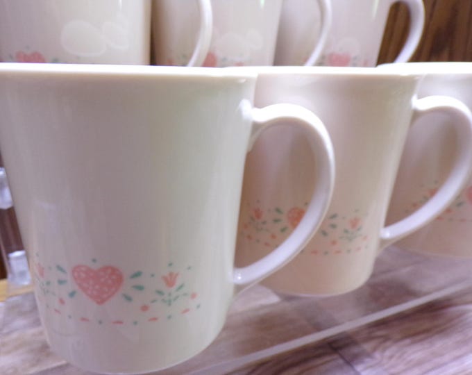 2508 Corelle Forever Yours Pink Hearts 4" 10 oz Cups / Mugs Set of 6 - Great Condition