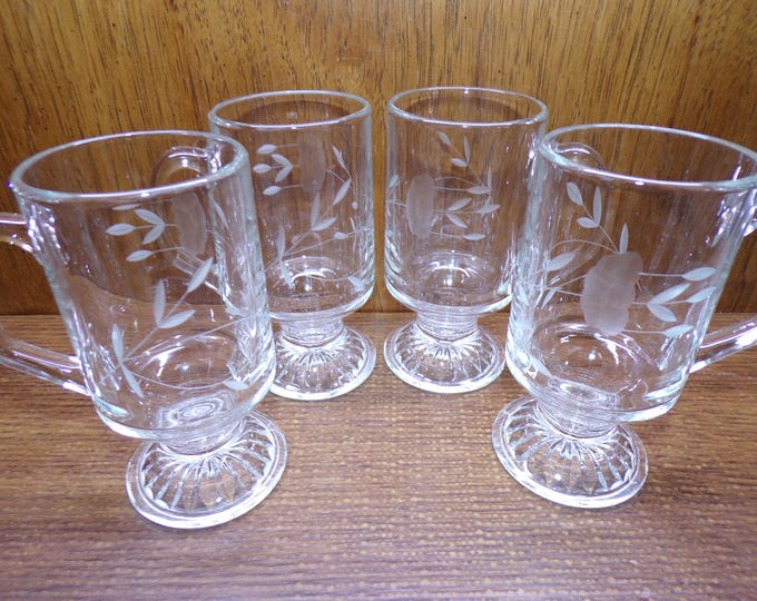 2507 Princess House Heritage 5.5" Vintage Footed Irish Coffee Mugs Set of 4 Etched Floral - Pre-owned Great Condition