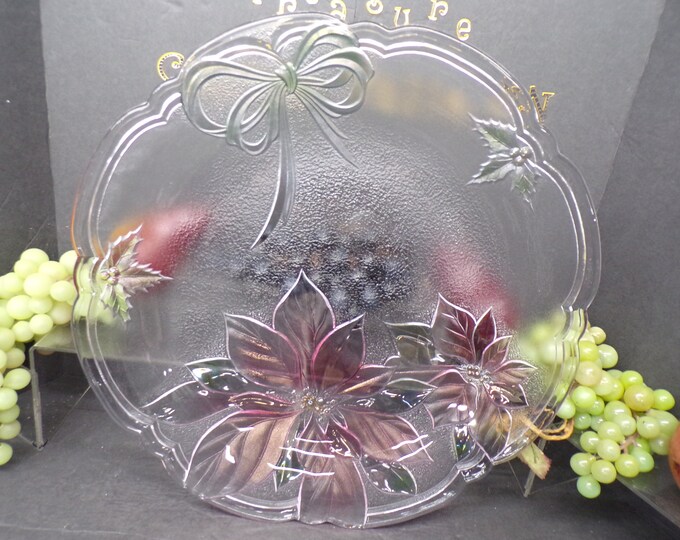 2311 Mikasa Savoir Vivre Holiday Spirit 15" Round Red Poinsettia Green Bow & Holly textured Vintage Glass Platter- Great Condition