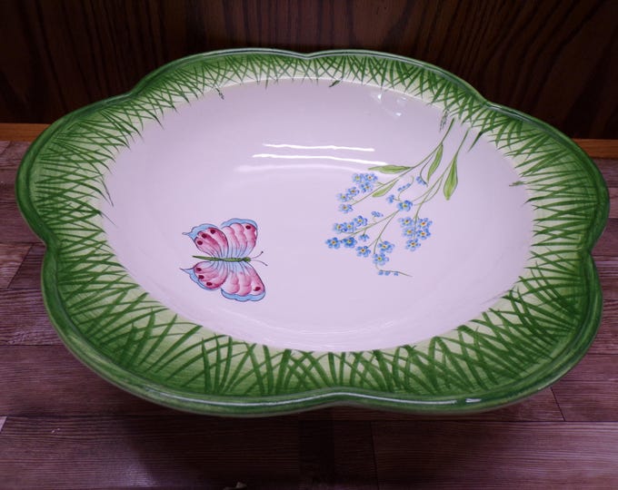 2509 Mariposa Jilly Walsh Vintage 2000 12" Flat Rim Decorative Serving Bowl with Blue Floral & Butterfly - Excellent Condition