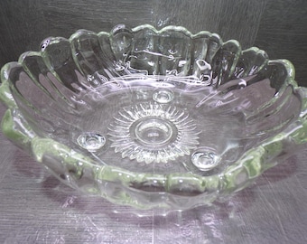 2609 Indiana Glass 11" Vintage 1970's Clear Glass Embossed Sunflower Shape 3 Toed Centerpiece Fruit Bowl