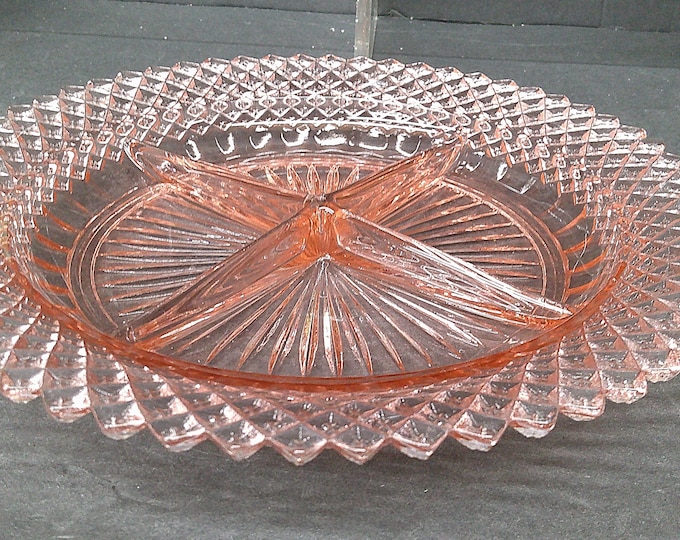2402 Anchor Hocking Glass Miss America Pink / Peach 9" Divided Dish Vintage 1930's - Great Condition No Chips or Cracks