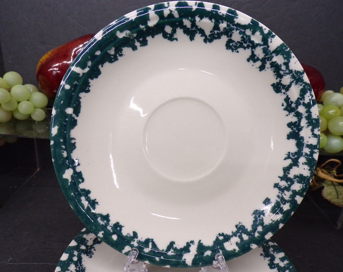 2308 Folk Craft Moose Country, Pinecone, Green Sponge Vintage Stoneware 6.5" Saucers Set of 8 by Tienshan - Great Condition