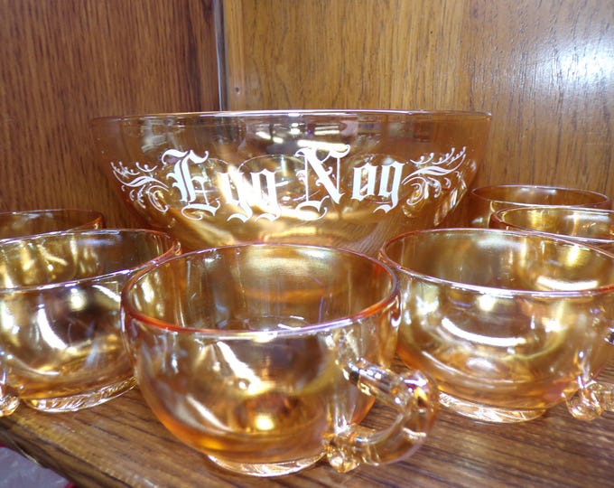 2506 Jeanette Iridescent Marigold Carnival Glass 10" Vintage Egg Nog Bowl w/ 6 Matching Cups - Great Condition