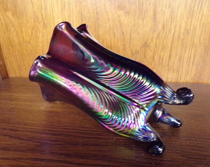 2501 Fenton 3 Toed Vintage Iridescent Amethyst Carnival Glass 9" Drapery Pattern Handkerchief Vase w/Stamp - Great Tones Great Condition