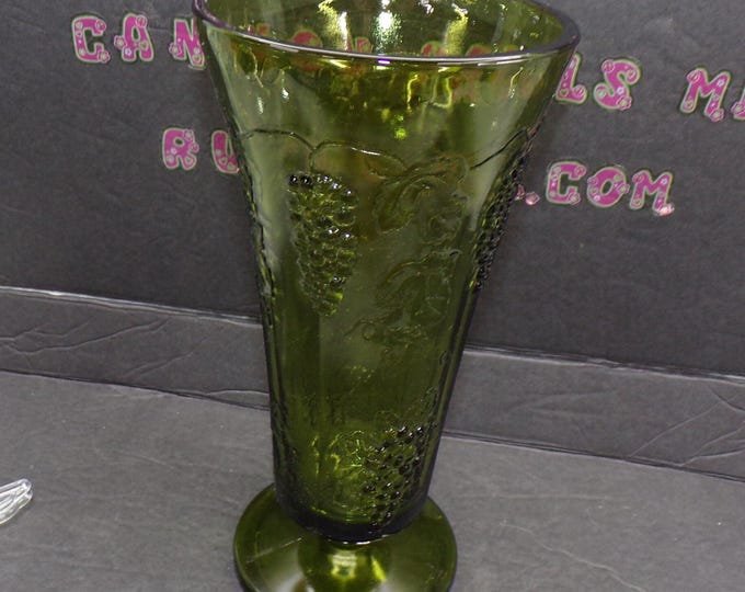 2301 Indiana Glass Spruce Green Grape & Cable Vintage 9.75" Footed Vase- Good Condition No Chips or Cracks