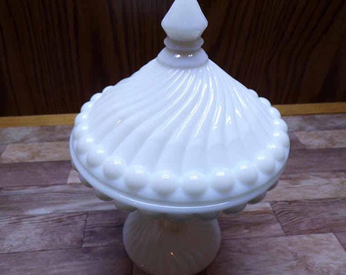 2509 Westmoreland Milk Glass Swirl 7.5" Tall x 5" Wide Vintage Footed Candy Dish with Lid- Great Condition