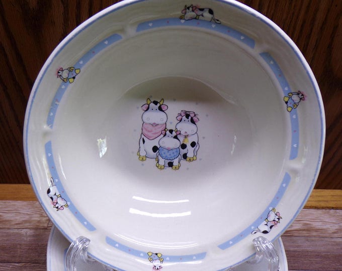2508 Tienshan Whimsical Holstein Cows Family Stoneware 7" Soup / Cereal Bowls Set of 5 - Good Condition No Chips or Cracks