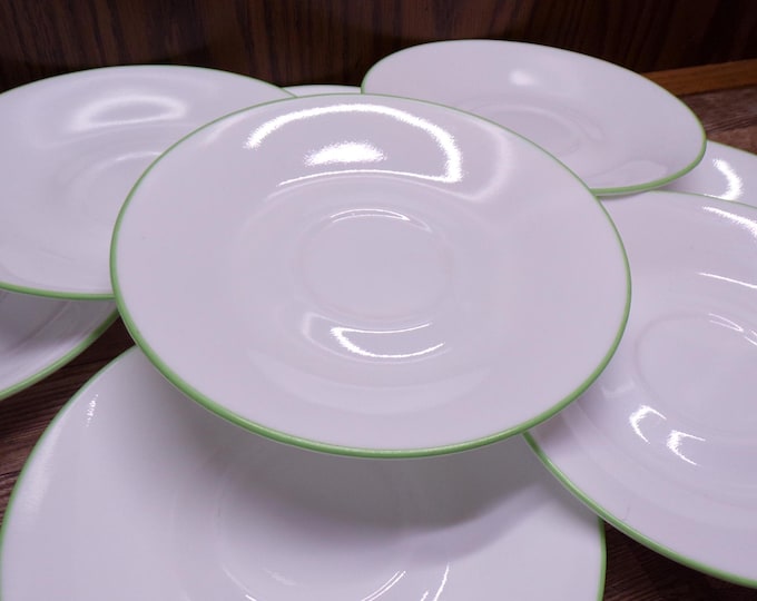 2510 Corelle 6.25" Saucers Set of 10 White w/ Light Green Band - Great Condition