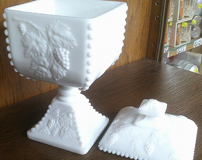 2501 Westmoreland Milk Glass 9" Footed Covered Square Beaded Rim Candy Dish - 4.5" Wide Harvest Grape - Great Condition