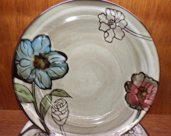 2506 Pfaltzgraff Everyday Harker 11" Stoneware Pottery Dinner Plates Set of 4 Blue & Red Flowers on Stone Made in USA - Great Condition