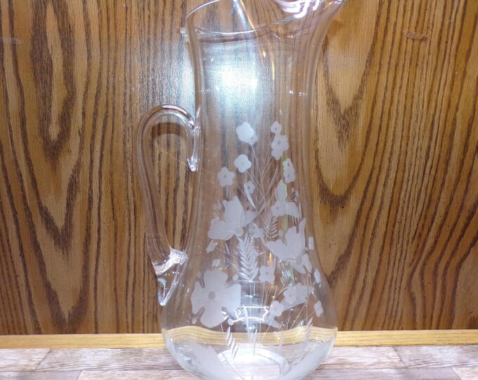 2508 Clear Glass Hand-Crafted Blown Etched Floral Drink Pitcher Vintage 12" - Good Condition