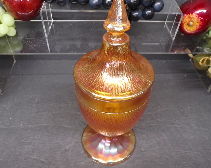 2312 Jeannette Glass Iridescent Marigold Crinkle Carnival Glass Vintage Covered Footed Candy Dish - Tiny Chip on Rim